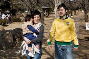 Warabi, Saitama prefecture, March 17 2013 - Portrait of Tomoko Ida, her husband Andre and her son Lukas.