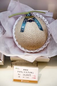 Tokyo, July 17 2014 - At Takashimaya Nihonbashi's depachika (food court). vegetable corner. A high-class melon priced 16200JPY (120 euro)