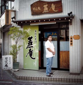 Kawasaki, Januray 12 2011 - Algerian chef Belouazani Lakhdar in front of his Japanese noodles (soba) restaurant near Tokyo. He's been making soba noodles for 17 years in the area and appears to be the only foreigner in the world to cook soba noodles.